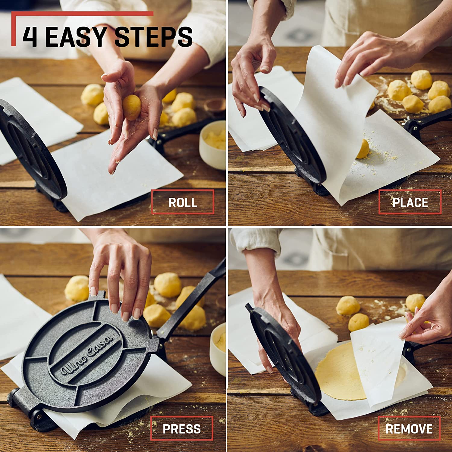 4 Grid Images of how to use a Quesadilla & Tortilla Maker
